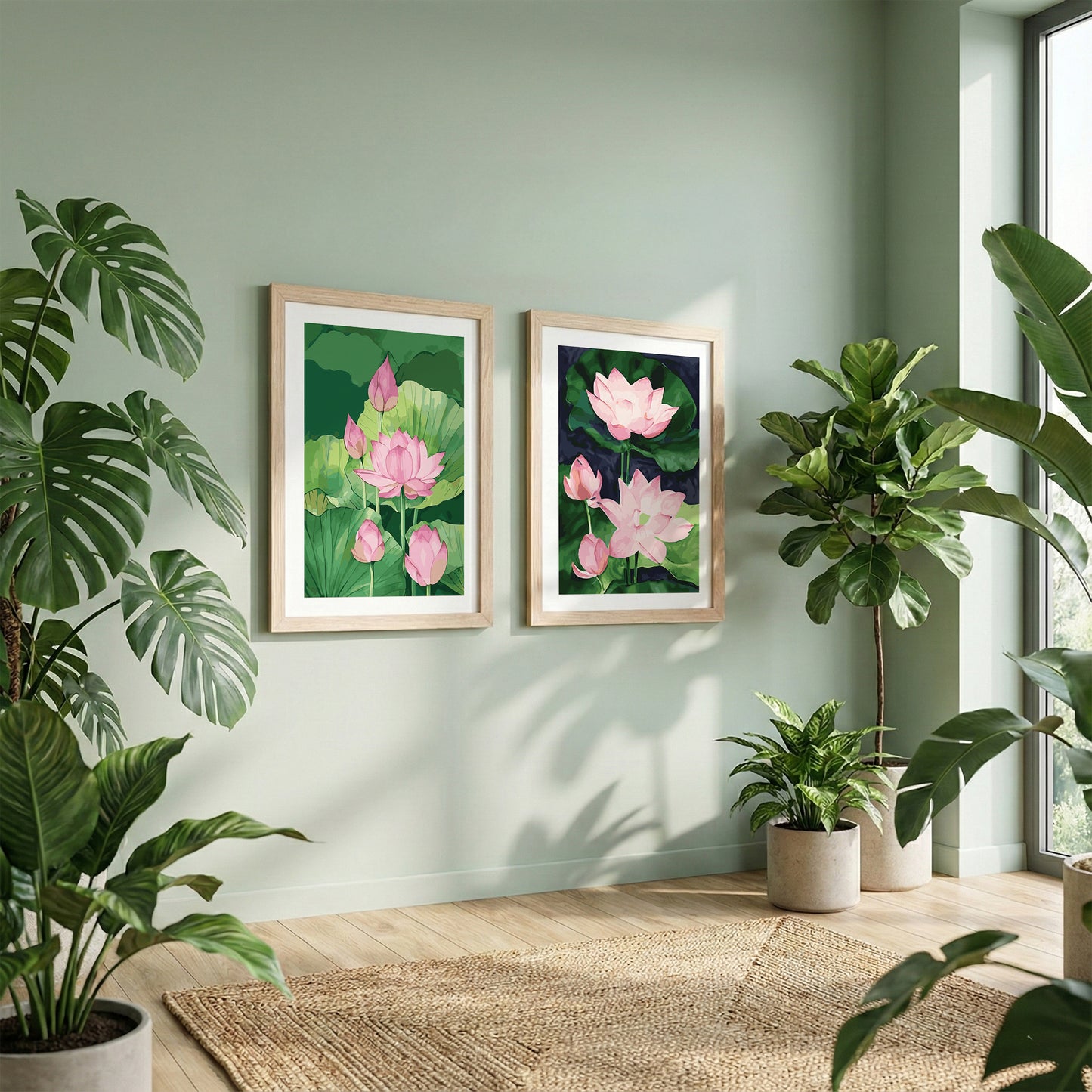 Pink Lotus Floral Wall Frame Set of 2