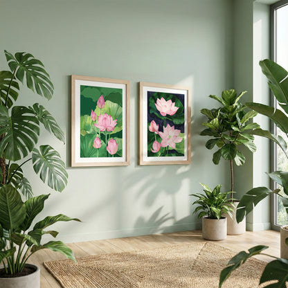 Pink Lotus Floral Wall Frame Set of 2