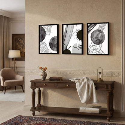 Monochrome Abstract Line Art Wall Frame Set of 3