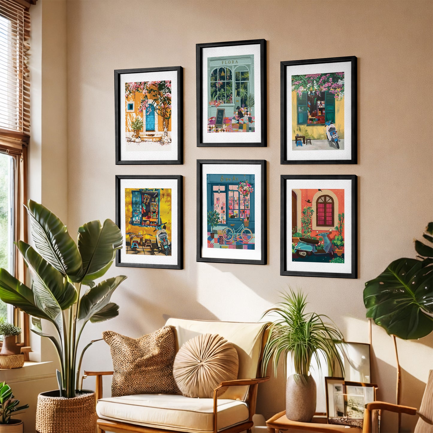 Mediterranean Café & Street Art Wall Frame Set of 6
