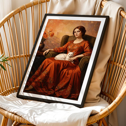 Elegant Lady with White Cat Vintage Portrait Print