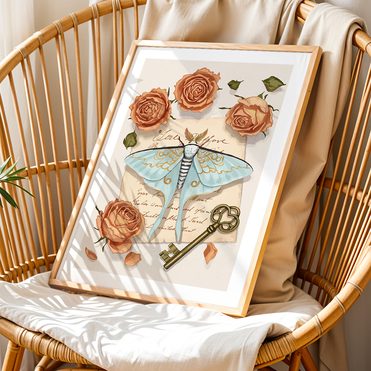 Vintage Moth & Roses Botanical Framed Wall Art