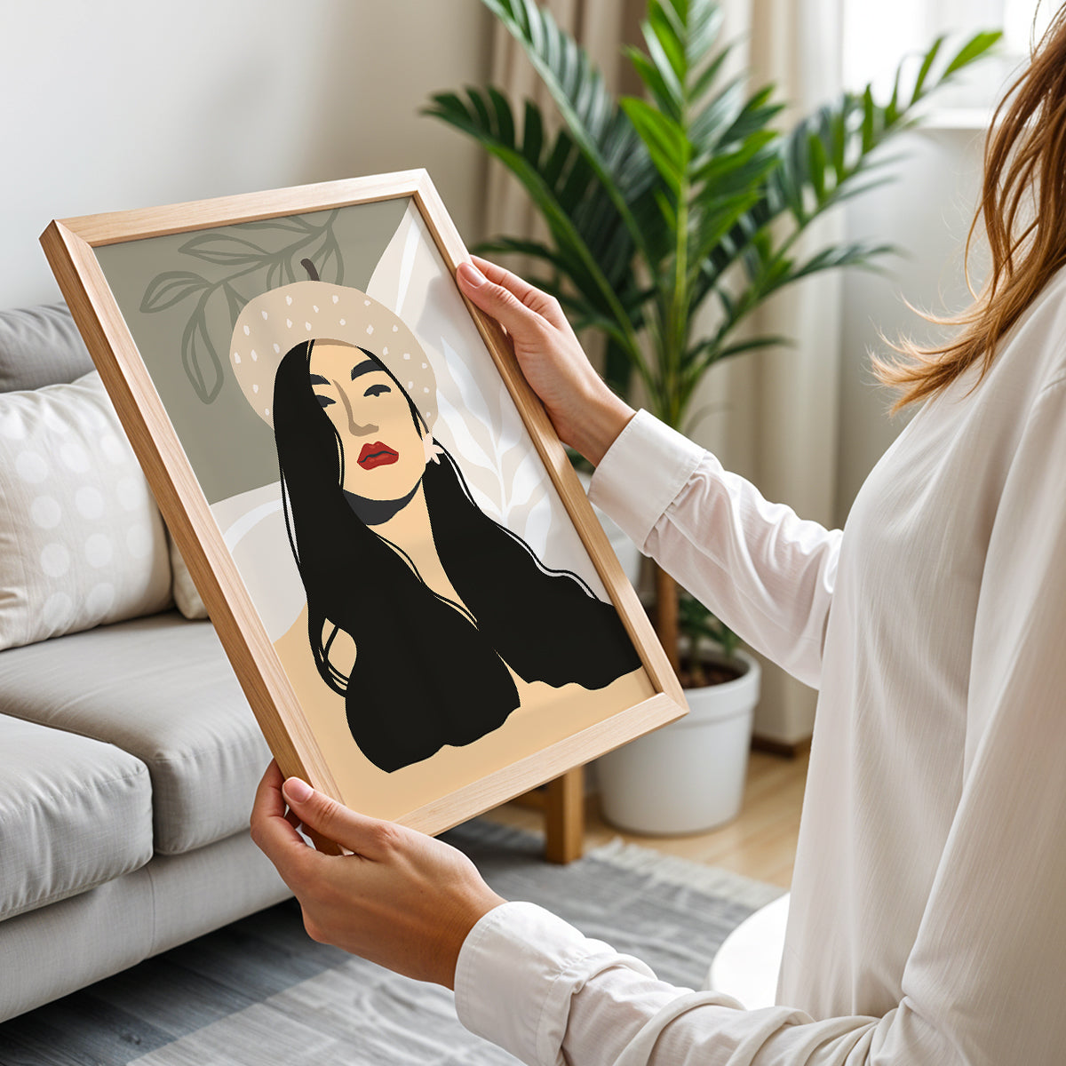 Boho Beret Girl Minimalist Framed Wall Art