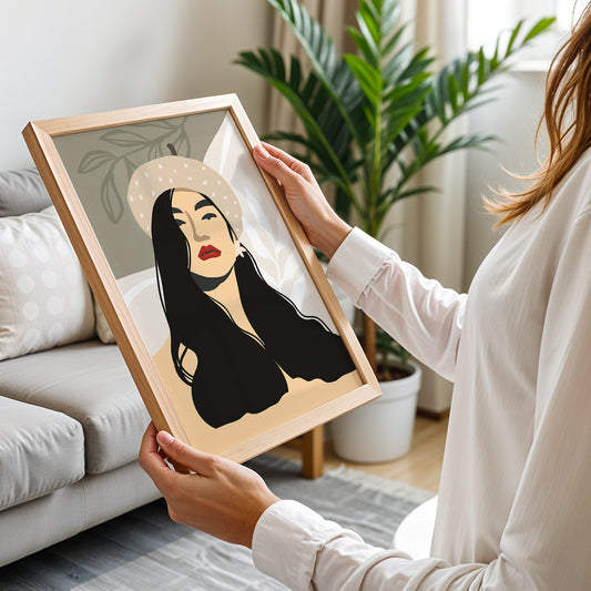 Boho Beret Girl Minimalist Framed Wall Art