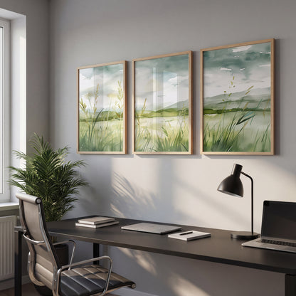 Serene Green Meadow Landscape Wall Art Set of 3