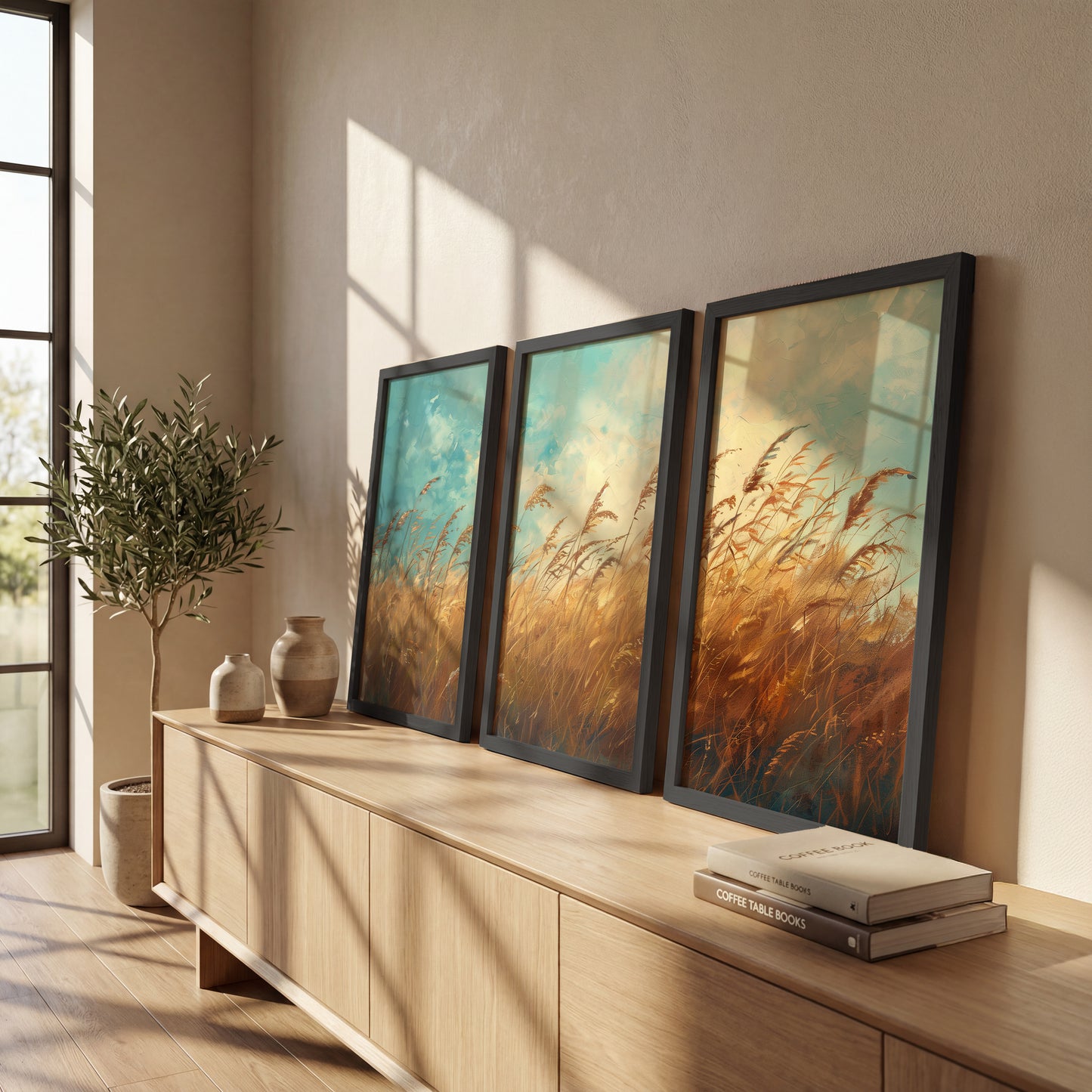 Rustic Wheat Field Landscape Wall Frames Set of 3