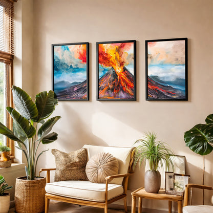 Erupting Volcano Landscape Wall Frames Set of 3