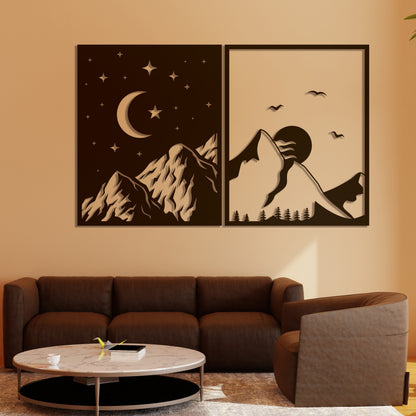 Day & Night Mountains Pinewood Wall Art