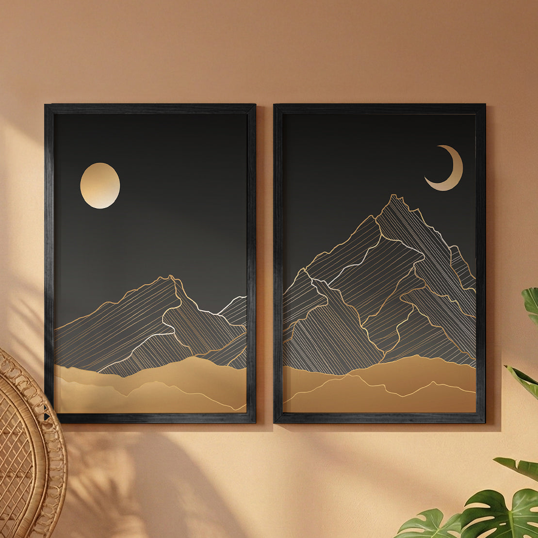 Minimalist Mountain Moon Wall Frames Set of 2