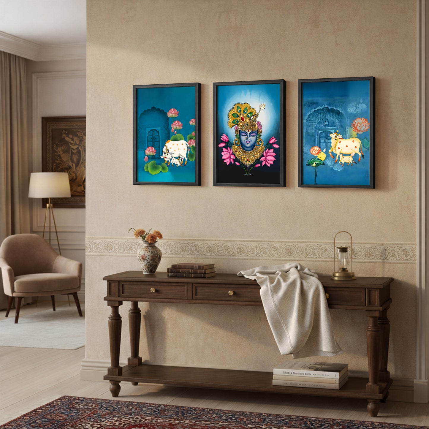 Divine Pichwai Shreenathji & Sacred Cow Wall Art - Set of 3