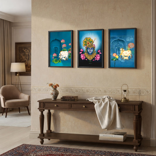 Divine Pichwai Shreenathji & Sacred Cow Wall Art - Set of 3