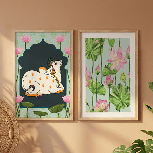 Sacred Cow & Lotus Art Wall Frame Set of 2