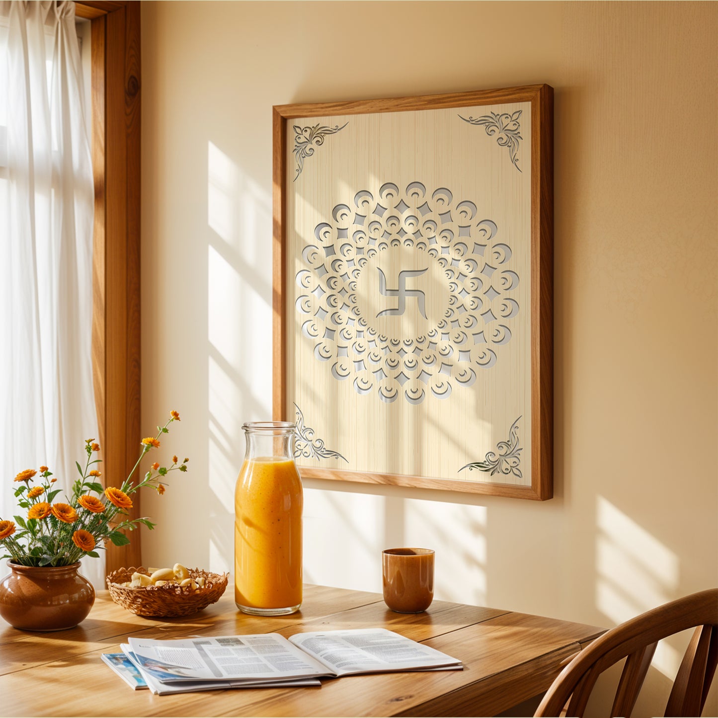 Swastik Mandala Pinewood Laser Art Frame
