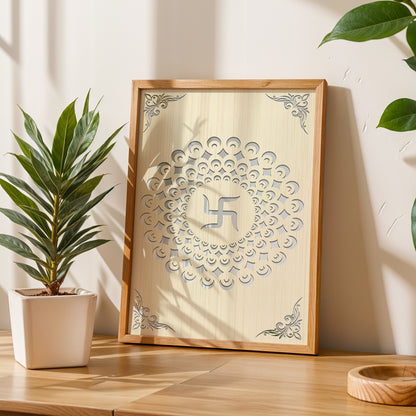 Swastik Mandala Pinewood Laser Art Frame