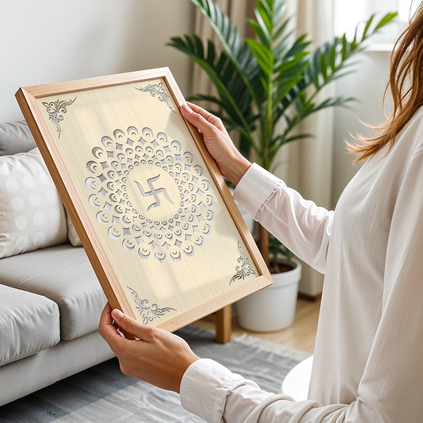 Swastik Mandala Pinewood Laser Art Frame