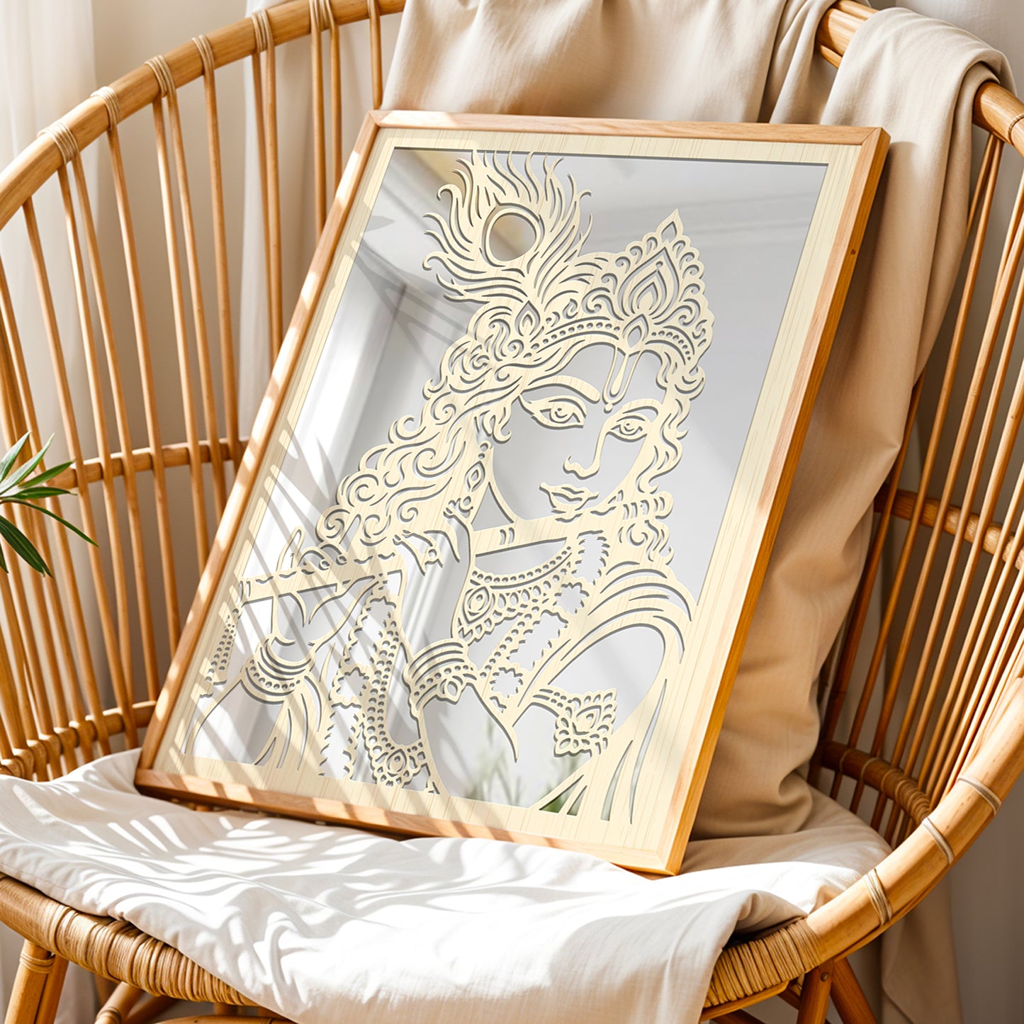 Lord Krishna Pinewood Laser Art Frame