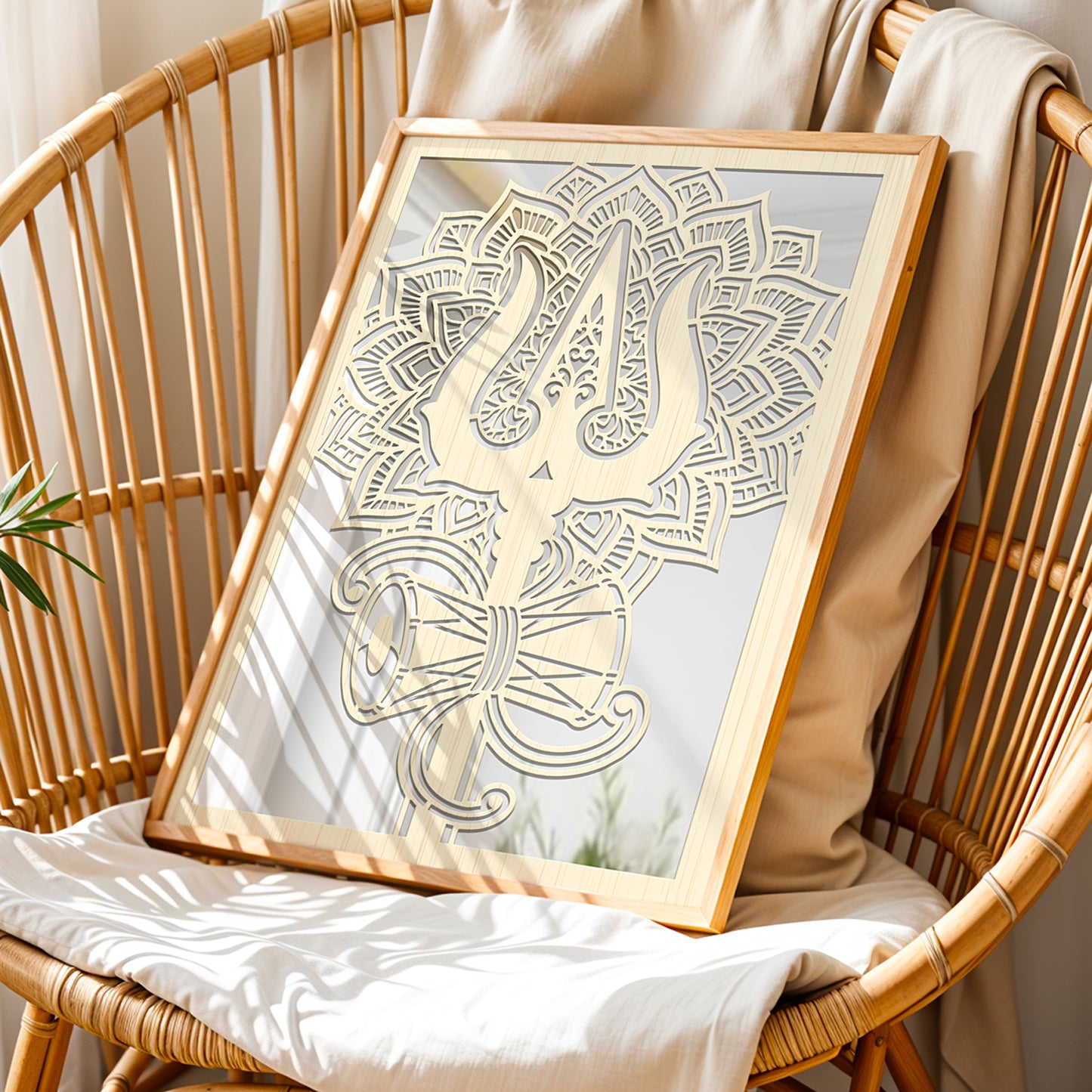 Trishul Damru Pinewood Laser Wall Art