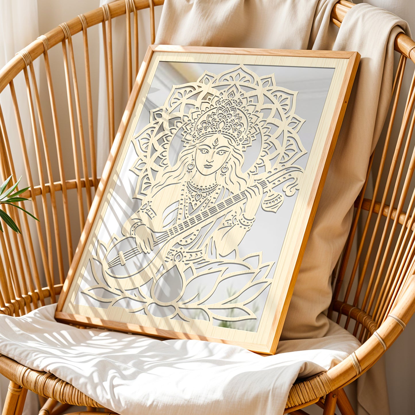 Goddess Saraswati Pinewood Laser Wall Art