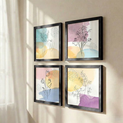 Pastel Abstract Floral Line Art Wall Frame Set of 4