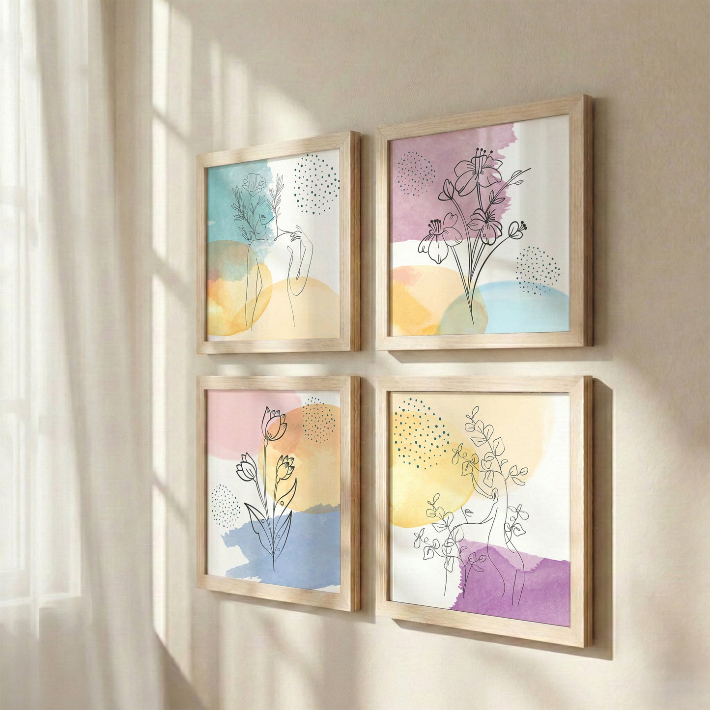 Pastel Abstract Floral Line Art Wall Frame Set of 4