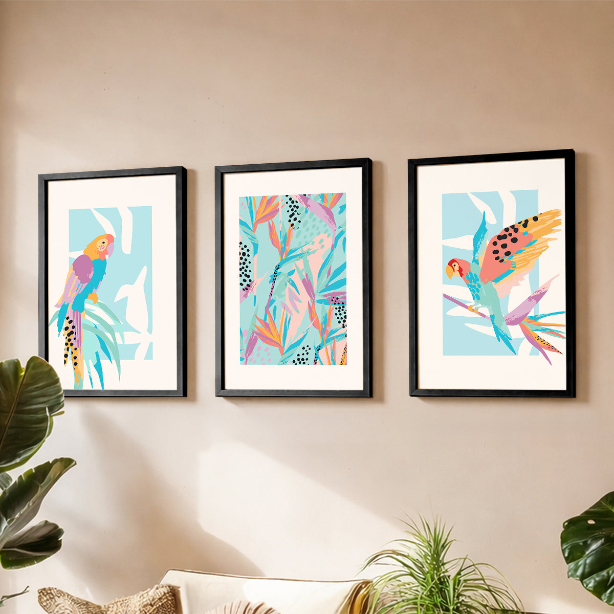 Pastel Paradise Parrots Wall Frame Set of 3
