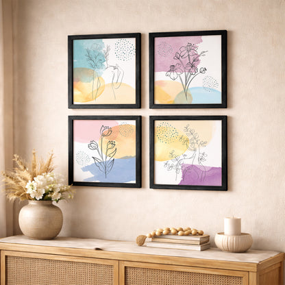 Pastel Abstract Floral Line Art Wall Frame Set of 4