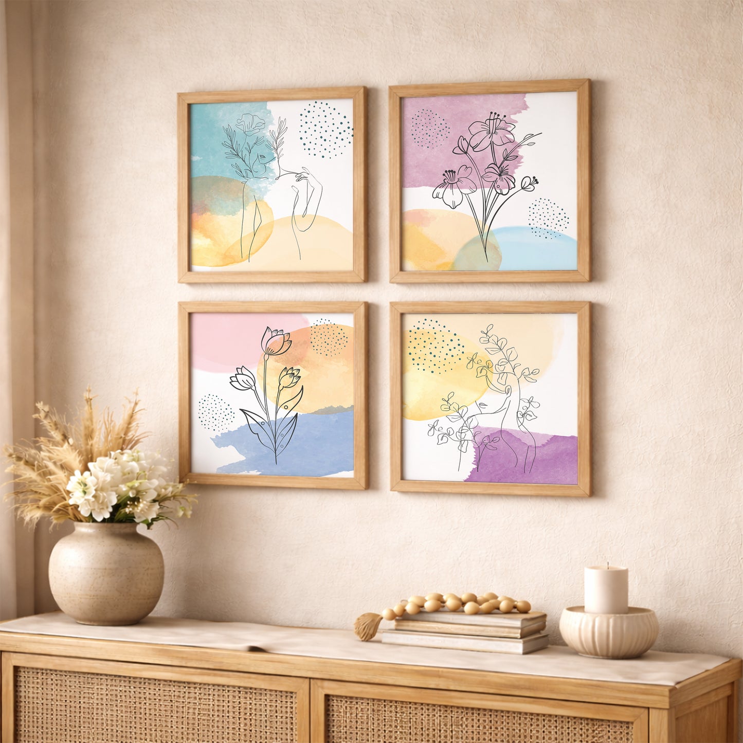Pastel Floral Abstract Wall Frame Set of 4