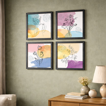 Pastel Abstract Floral Line Art Wall Frame Set of 4