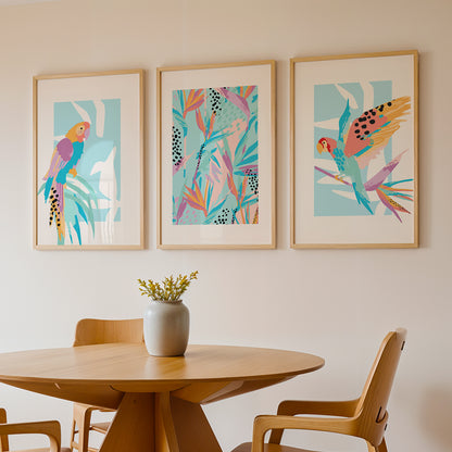Pastel Paradise Parrots Wall Frame Set of 3