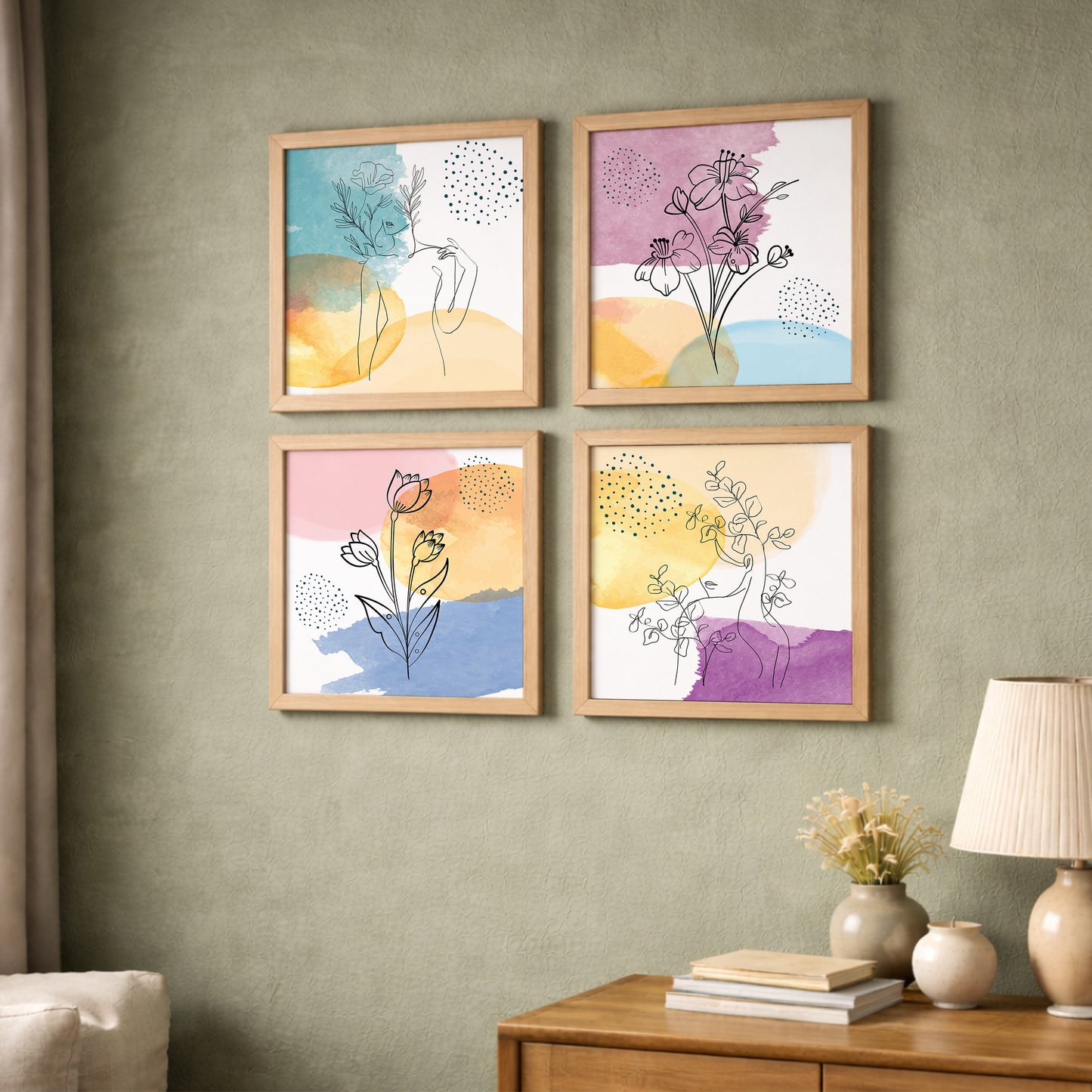 Pastel Abstract Floral Line Art Wall Frame Set of 4