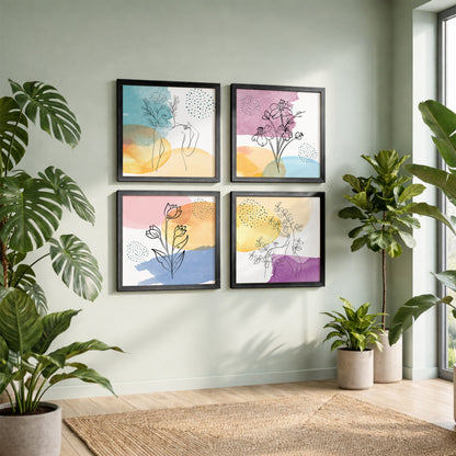 Pastel Abstract Floral Line Art Wall Frame Set of 4