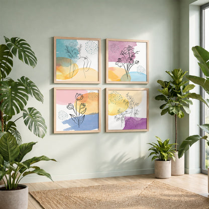 Pastel Abstract Floral Line Art Wall Frame Set of 4