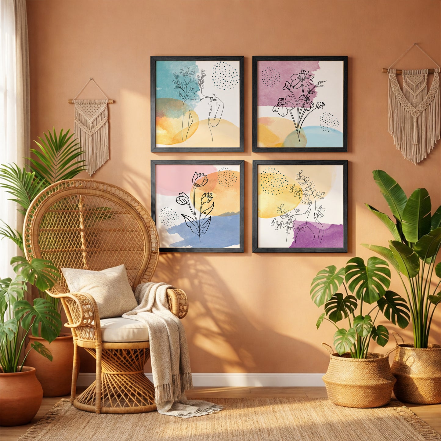 Pastel Abstract Floral Line Art Wall Frame Set of 4