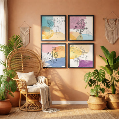 Pastel Abstract Floral Line Art Wall Frame Set of 4