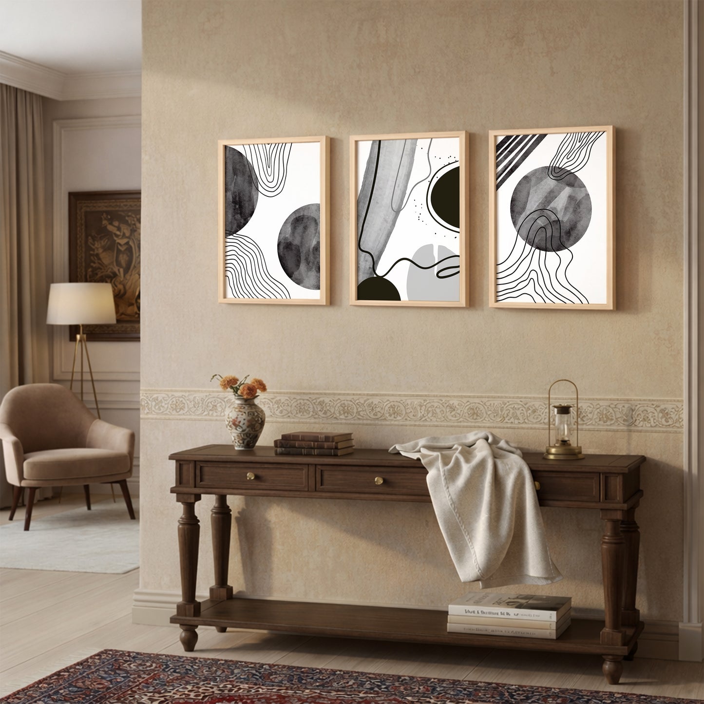 Monochrome Abstract Line Art Wall Frame Set of 3