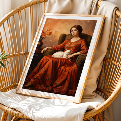 Elegant Lady with White Cat Vintage Portrait Print