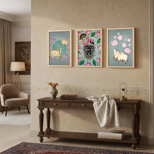 Divine Shreenathji & Sacred Cow Pichwai Wall Art - Set of 3