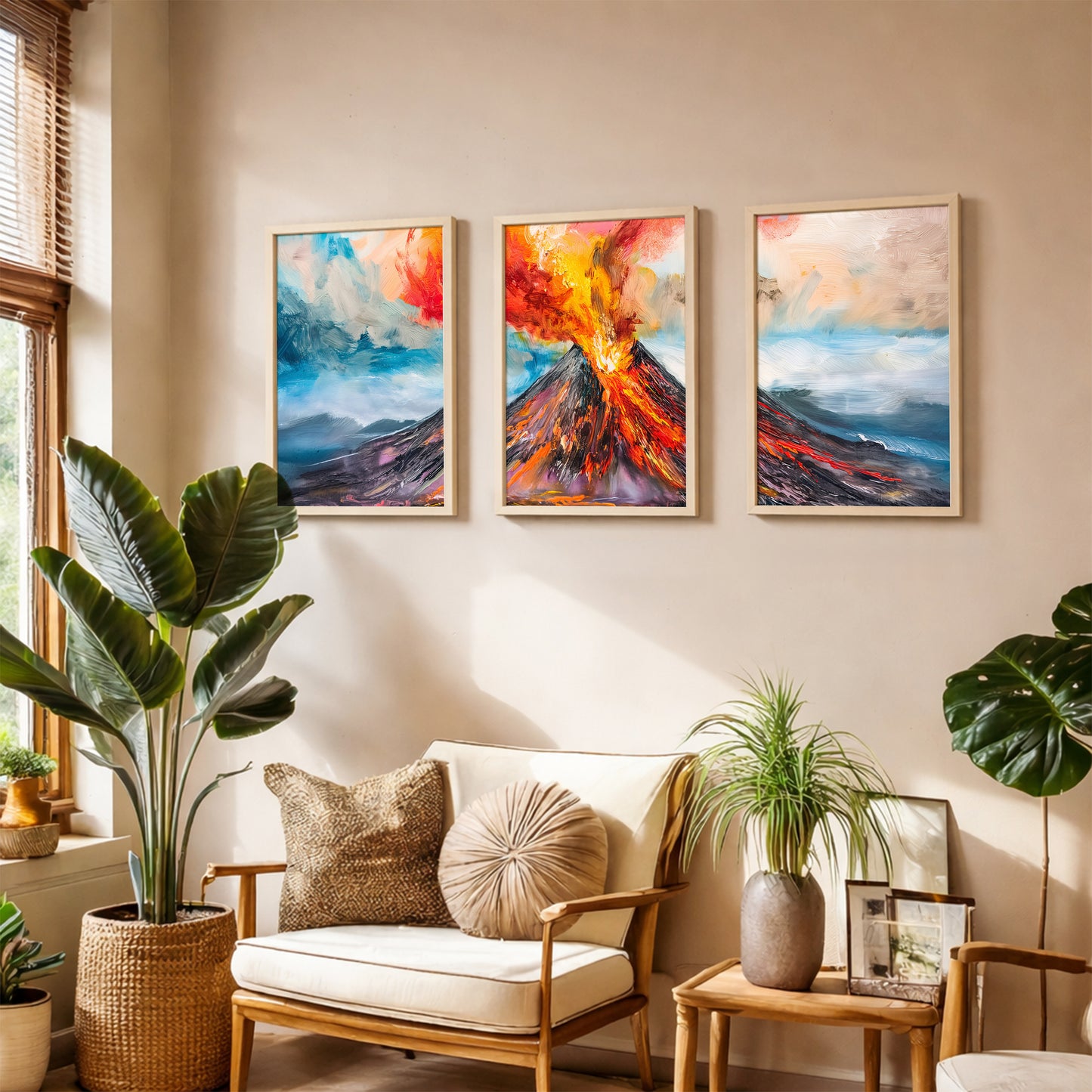 Erupting Volcano Landscape Wall Frames Set of 3