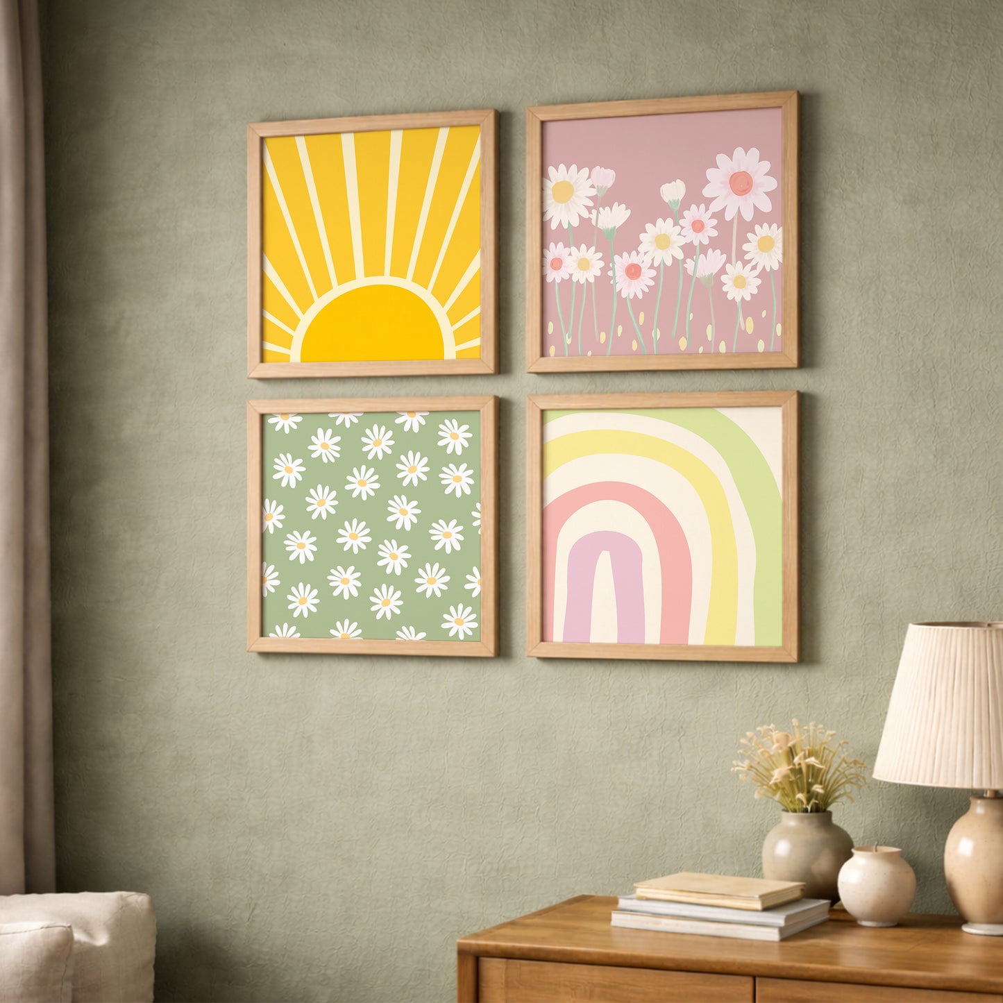 Boho Sunshine & Daisy Wall Art Frame Set of 4