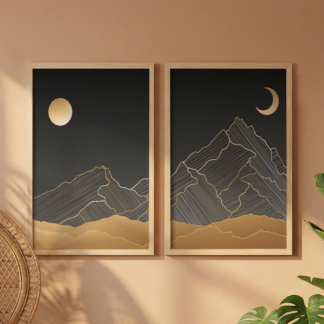 Minimalist Mountain Moon Wall Frames Set of 2