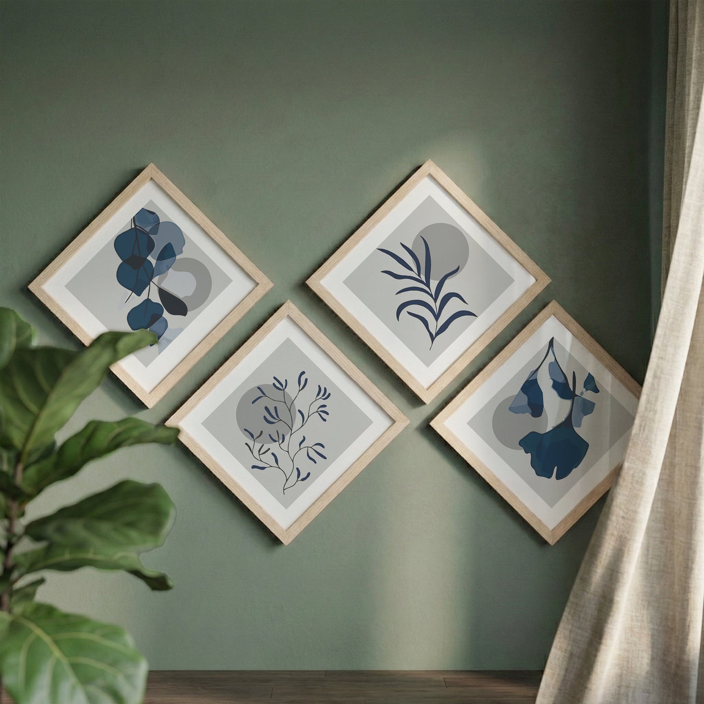 Minimal Blue Botanical Wall Frame Set of 4