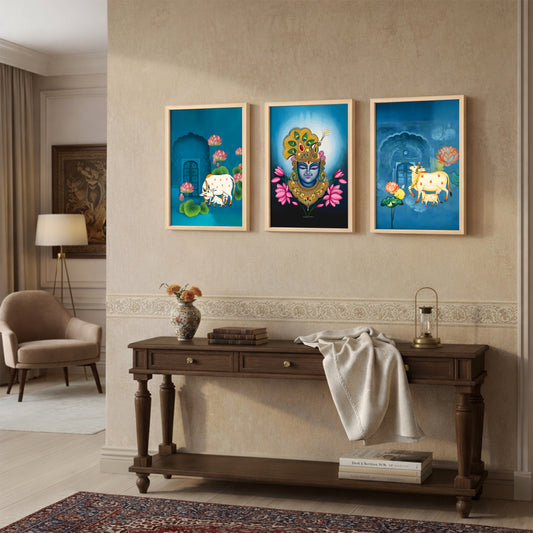 Divine Pichwai Shreenathji & Sacred Cow Wall Art - Set of 3