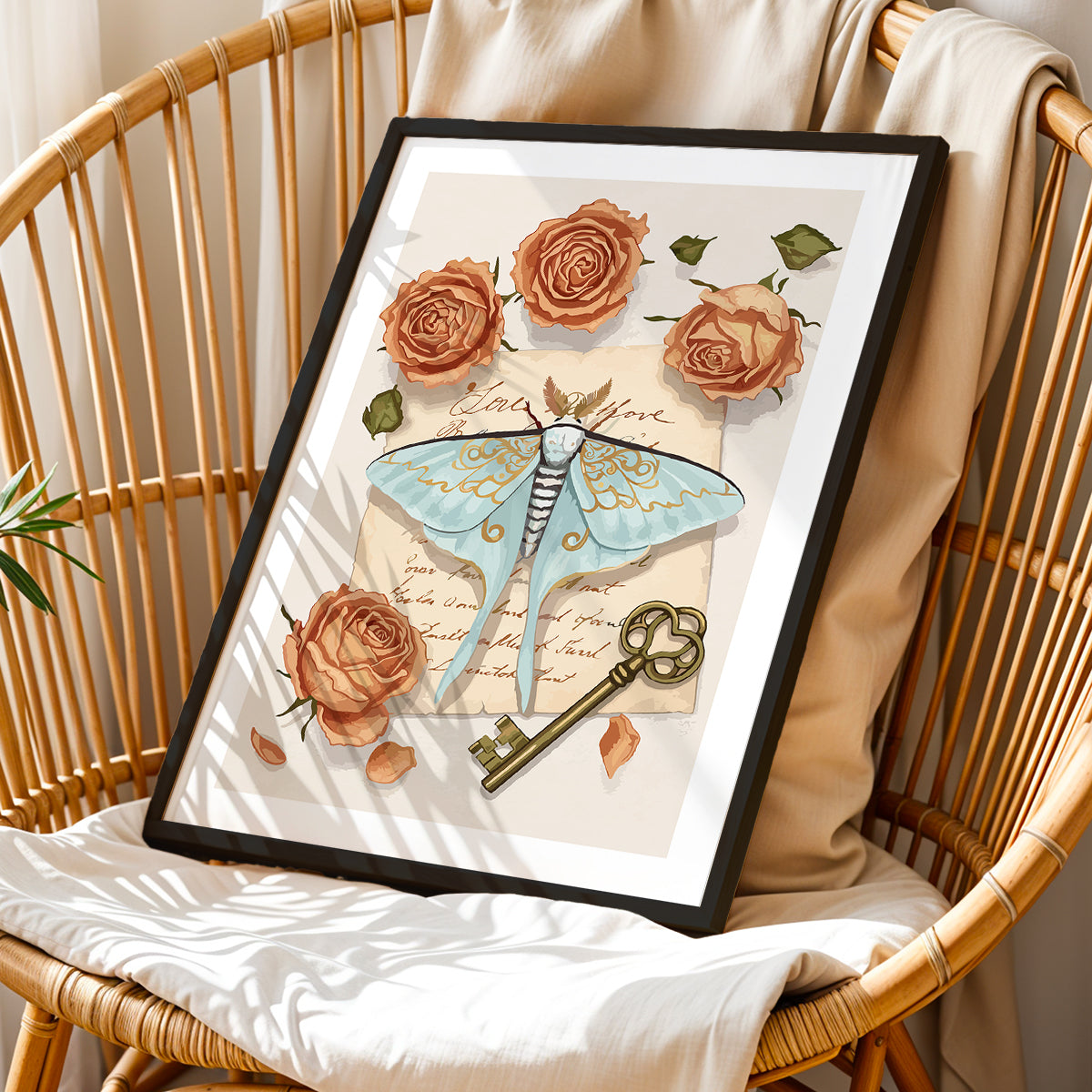 Vintage Moth & Roses Botanical Framed Wall Art