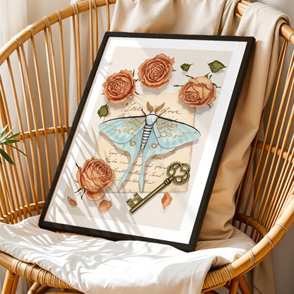 Vintage Moth & Roses Botanical Framed Wall Art