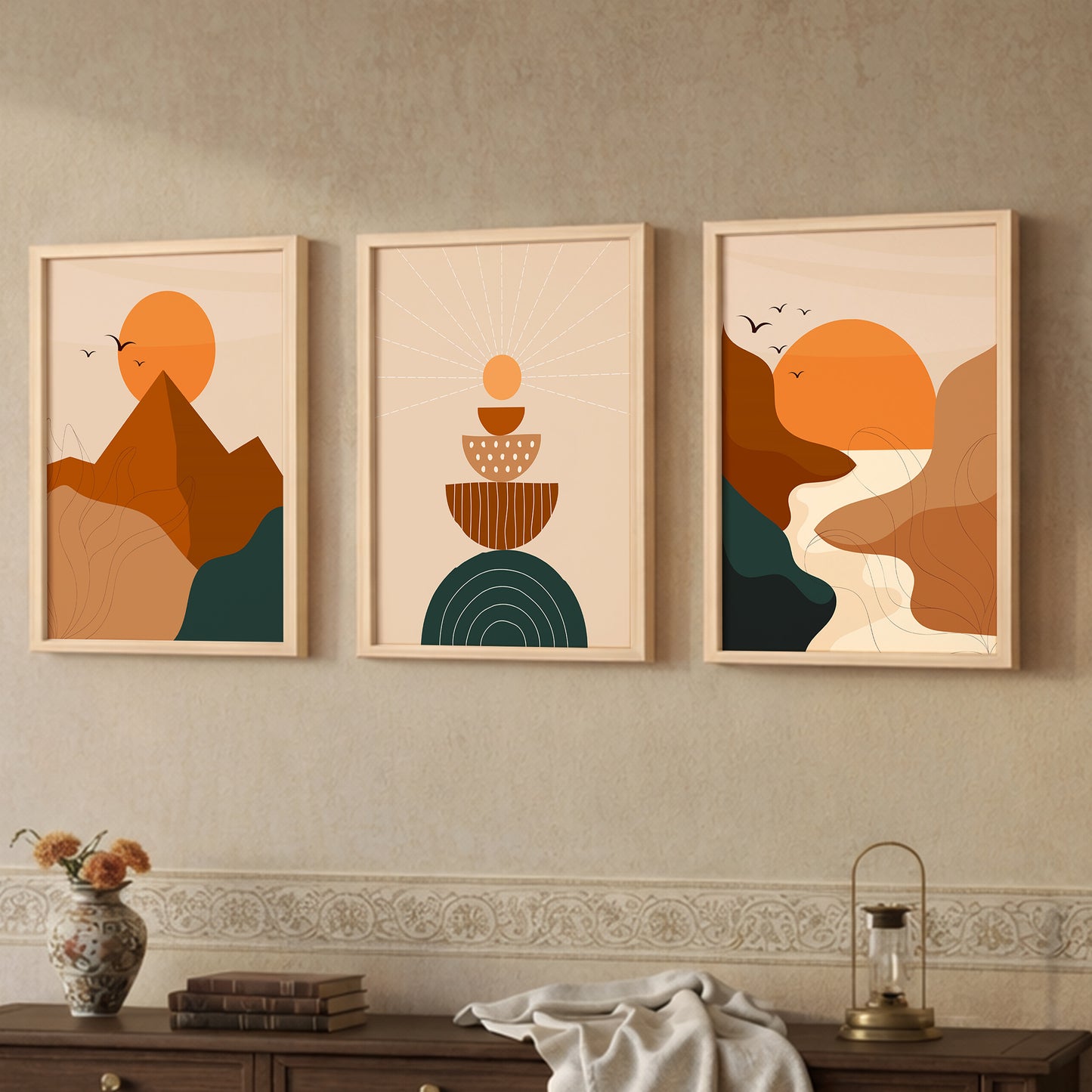Boho Sunset Abstract Wall Frame Set of 3
