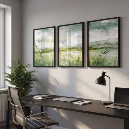 Serene Green Meadow Landscape Wall Art Set of 3