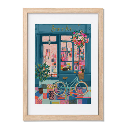 Cozy Bookstore Street Scene Wall Art Print