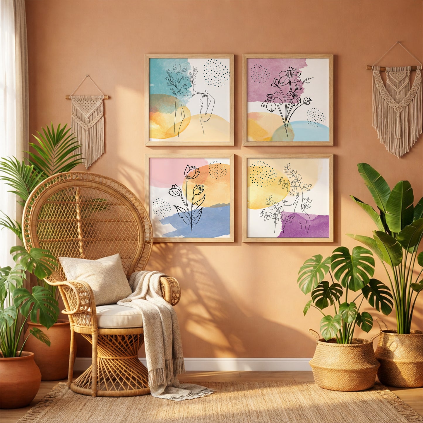 Pastel Abstract Floral Line Art Wall Frame Set of 4