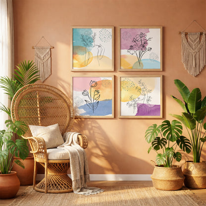 Pastel Abstract Floral Line Art Wall Frame Set of 4