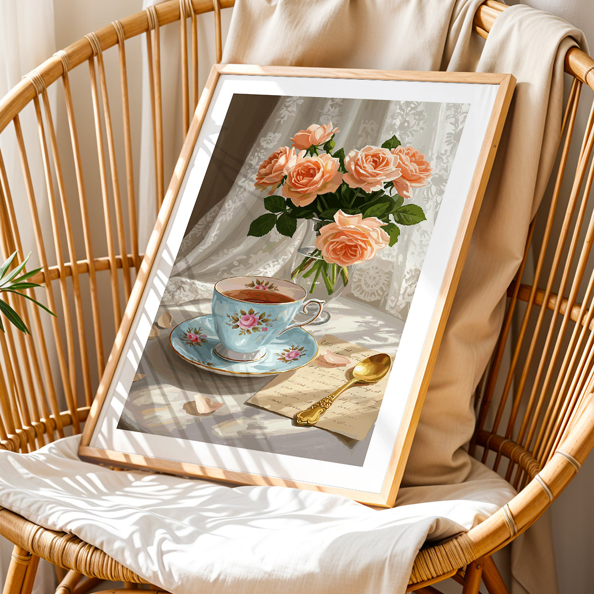 Vintage Tea Time Roses Framed Wall Art Poster